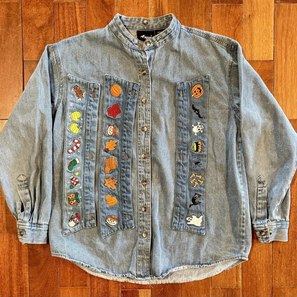 VTG 1990s 90s Holiday Grandma Denim Sz M Shirt Halloween Christmas Thanksgiving